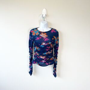 Circus NY Imogen Sheer Printed Top Ruched Long Sleeve Floral Women's Size Small